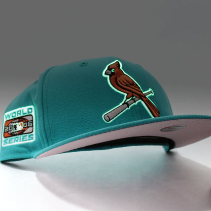 St Louis Cardinals 2006 World Series New Era 59Fifty Fitted Hat (Glow in the Dark Teal PINK Under Brim)