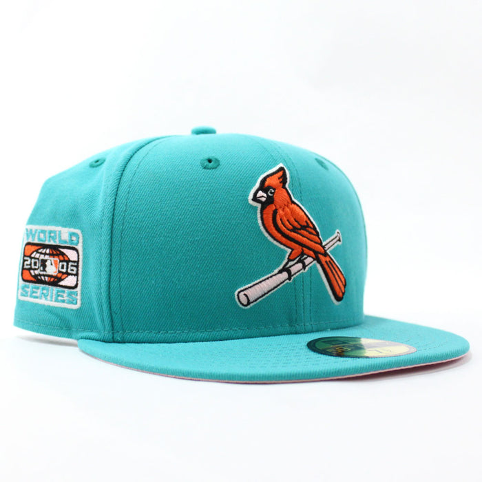St Louis Cardinals 2006 World Series New Era 59Fifty Fitted Hat (Glow in the Dark Teal PINK Under Brim)