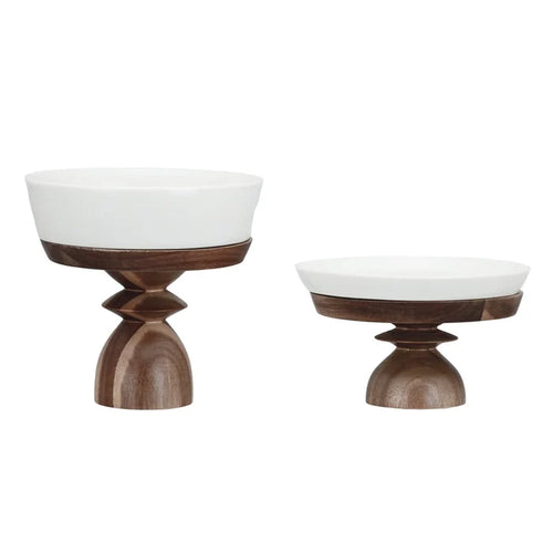 Stoneware Serving Dish with Acacia Wood Pedestal
