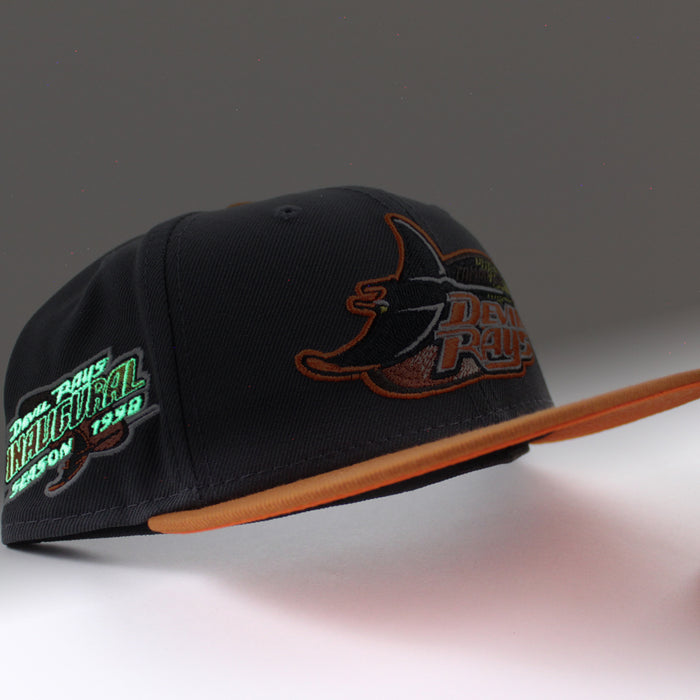 Tampa Bay Devil Rays INAUGURAL SEASON 1998 New Era 59Fifty Fitted Hat (Dark Gray Burn Orange Rust Under Brim)