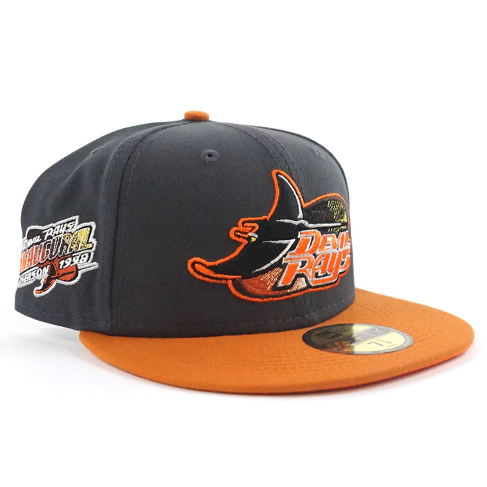 Tampa Bay Devil Rays INAUGURAL SEASON 1998 New Era 59Fifty Fitted Hat (Dark Gray Burn Orange Rust Under Brim)