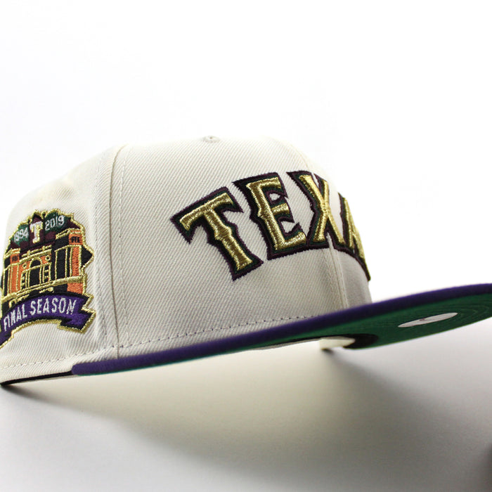 Texas Rangers 1994-2019 Final Season New Era 59Fifty Fitted Hat (Chrome White Purple Green Under Brim)