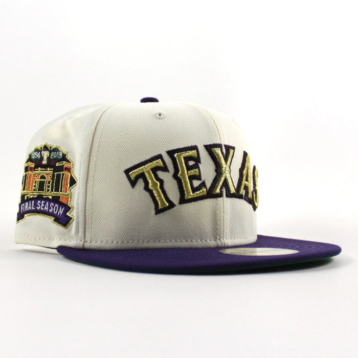 Texas Rangers 1994-2019 Final Season New Era 59Fifty Fitted Hat (Chrome White Purple Green Under Brim)