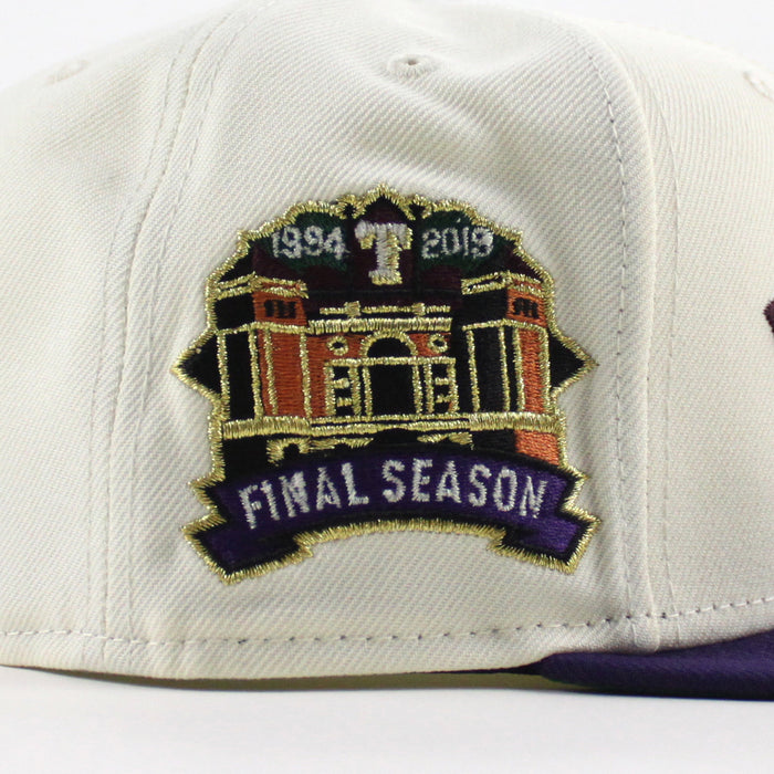 Texas Rangers 1994-2019 Final Season New Era 59Fifty Fitted Hat (Chrome White Purple Green Under Brim)