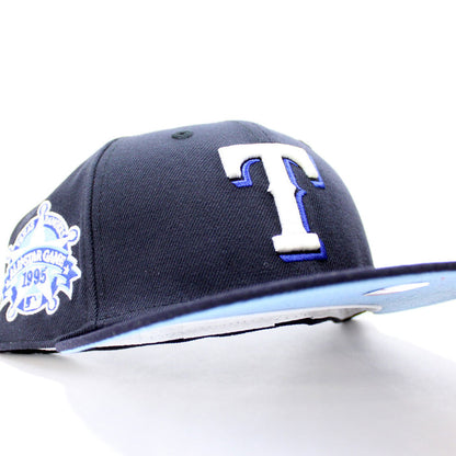 Texas Rangers 1995 All Star Game New Era 59Fifty Fitted Hat (Glow in The Dark Navy Sky Blue Under Brim)