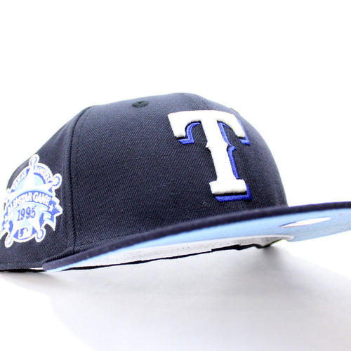 Texas Rangers 1995 All Star Game New Era 59Fifty Fitted Hat (Glow in The Dark Navy Sky Blue Under Brim)