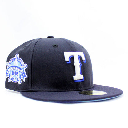 Texas Rangers 1995 All Star Game New Era 59Fifty Fitted Hat (Glow in The Dark Navy Sky Blue Under Brim)