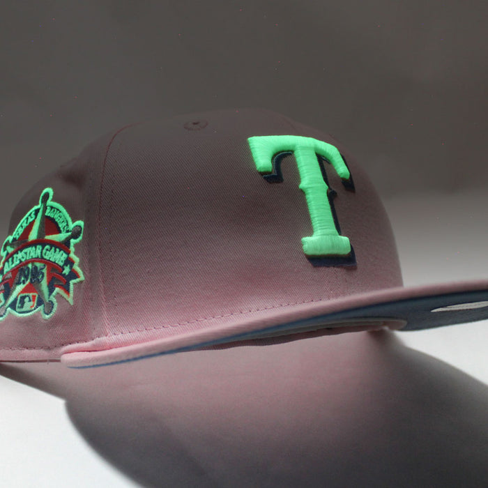 Texas Rangers 1995 All Star Game New Era 59Fifty Fitted Hat (Glow in the Dark Pink Sky Blue Under Brim)