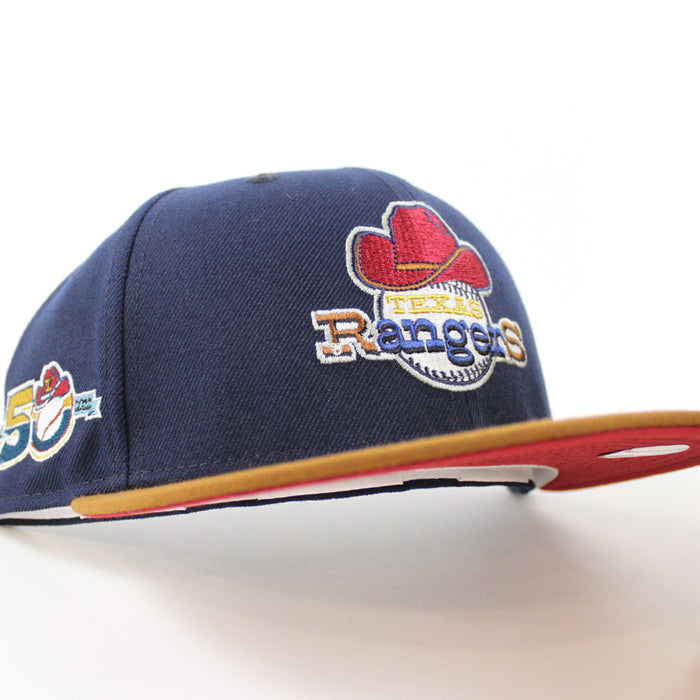 Texas Rangers 50TH ANNIVERSARY New Era 59Fifty Fitted Hat (Glow in the Dark Oceanside Peanut Pino Red Under Brim)