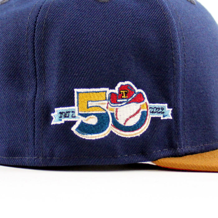 Texas Rangers 50TH ANNIVERSARY New Era 59Fifty Fitted Hat (Glow in the Dark Oceanside Peanut Pino Red Under Brim)