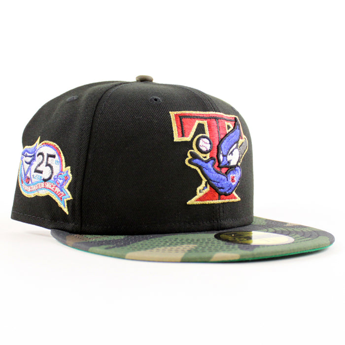 Toronto Blue Jays 25th ANNIVERSARY New Era 59Fifty Fitted Hat (Black WoodLand Camo Green Under Brim)