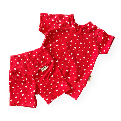 White Dainty Hearts on Red Biker Shorts Lounge Set