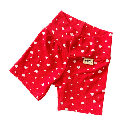 White Dainty Hearts on Red Biker Shorts